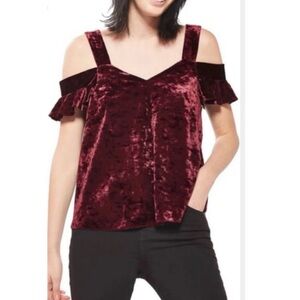 Burgundy Velvet Ruffled Cold Shoulder Blouse Medium